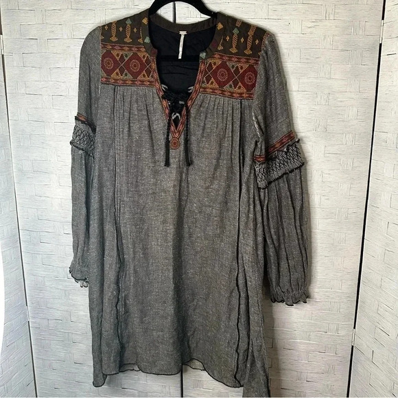 Free People hippie boho embroidered tunic dress tassels ties long sleeve gray - Picture 1 of 11